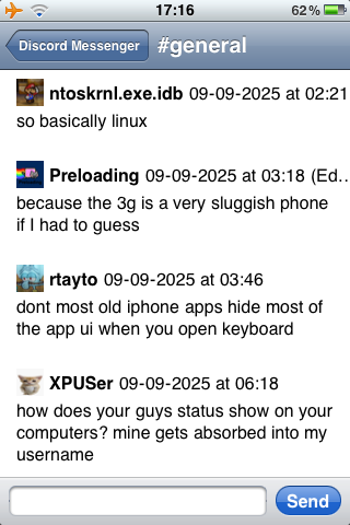 Purplecord running on my iPhone 3G, showing a message log from the Discord Messenger server